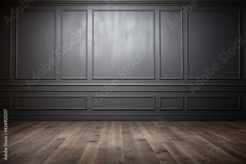 Painted Grey classic wall background with copy space, mock up room, brown parquet floor
