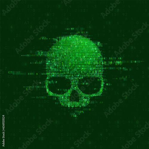 Warning sign skull constructed with programming code. Danger internet virus, technical problem or system error. Vector illustration.