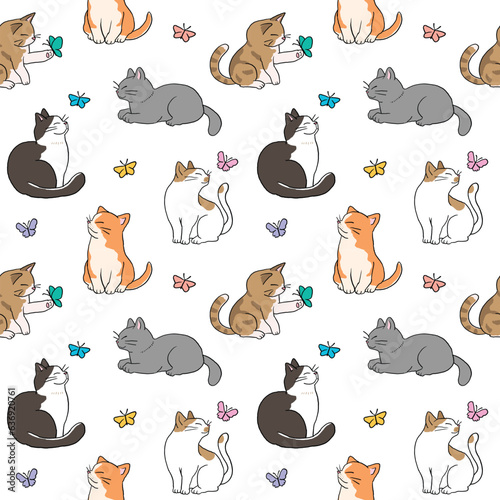Seamless Pattern of Cartoon Cat and Butterfly Design on White Background