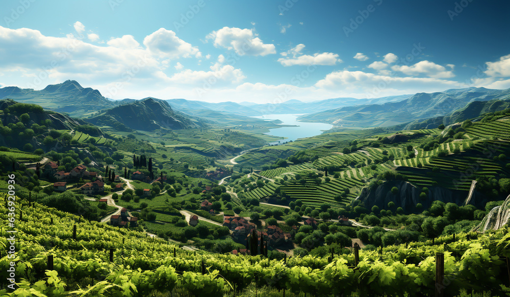 Landscape of huge vineyards. AI generated