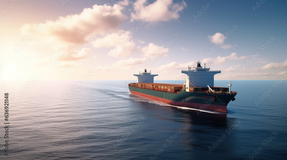 Cargo tanker on the way across the ocean, sea. Export import of goods. Commercial delivery. AI generated.