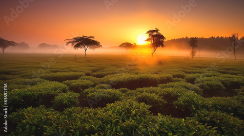 Tea plantation, field in the rays of the evening sun, growing natural products. AI generated.
