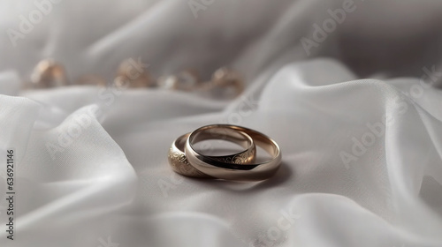 Two engagement wedding ceremonial gem rings, textile veil white background. AI generated.
