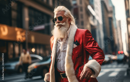 Man dressing a modern and fashionable Santa Claus costume walking on the streets of a big town