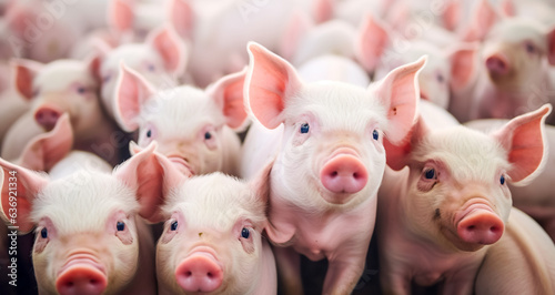 Fotografia Ecological pigs and piglets at the domestic farm, Pigs at factory, digital ai