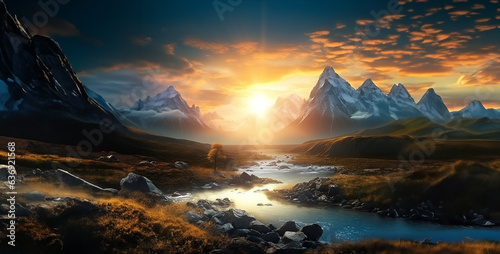 a background landscape two mountain with sun rising hd wallpaper © Yasir