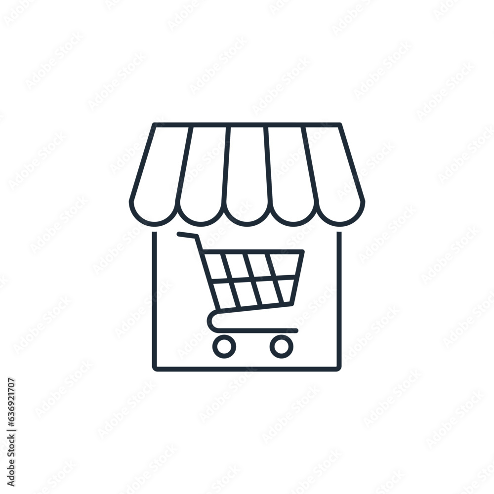 Point of sale with shopping trolley. Vector linear icon isolated on white background. Point of sale with shopping trolley. Vector linear icon isolated on white background.