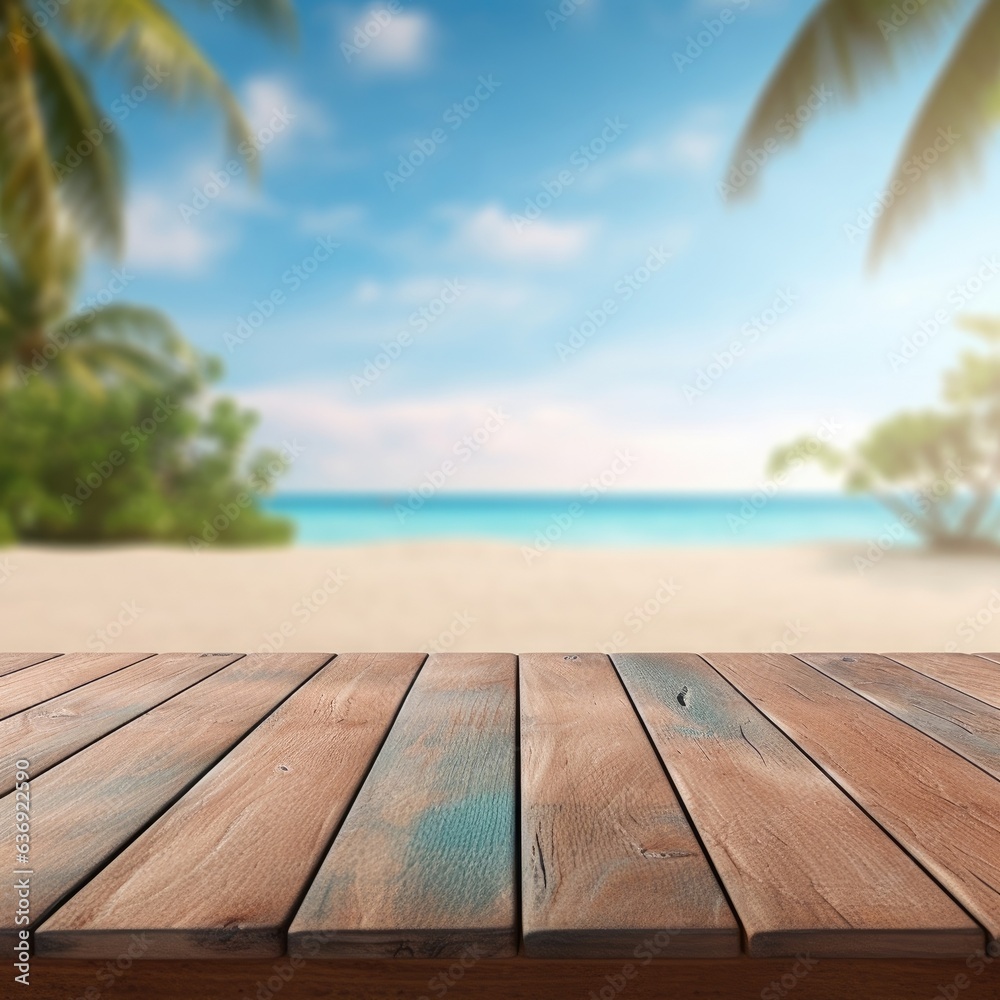 empty wooden table rustical style for product presentation with a blurred beach in the background empty wooden table rustical style for product presentation with a blurred beach in the background