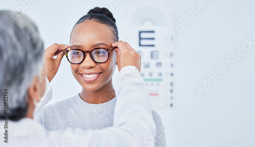 Vision, glasses choice and optometrist with black woman patient, healthcare and prescription lens with frame at clinic. Eye care, exam and diagnosis with assessment, health and wellness with help