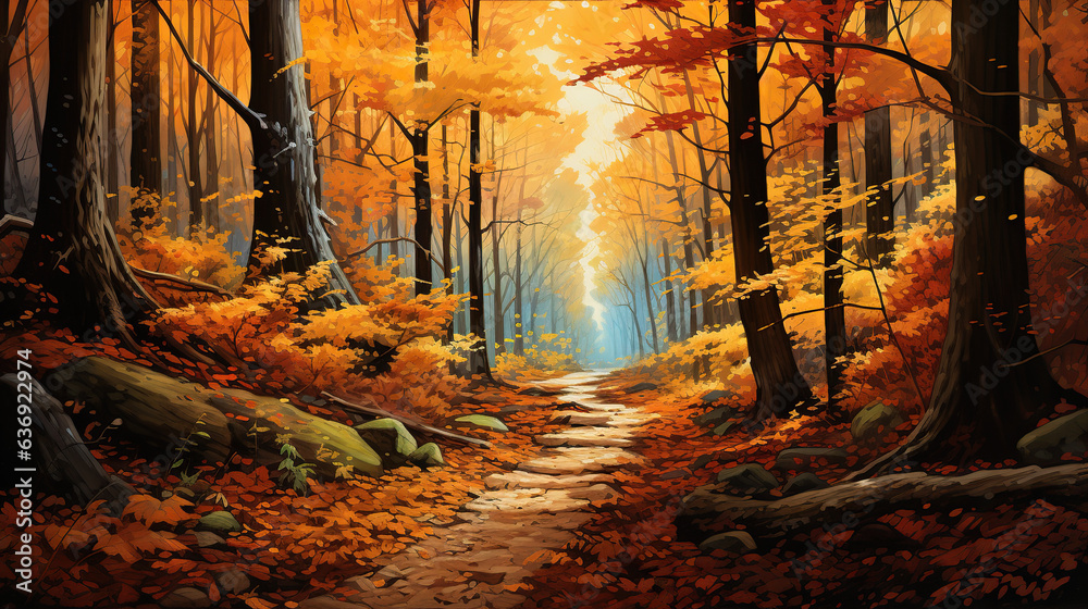 autumn trail in the woods  - obrazy, fototapety, plakaty 