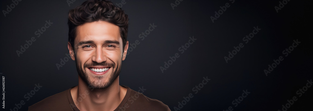 Close up portrait of handsome man smiling with perfectly clean teeth, copy space.Created using Generative AI technology. - obrazy, fototapety, plakaty 