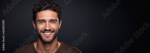 Close up portrait of handsome man smiling with perfectly clean teeth, copy space.Created using Generative AI technology.
