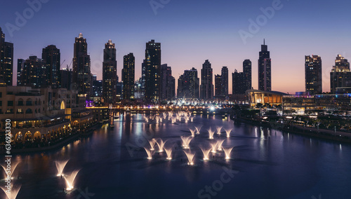 Unique view of Dubai Dancing Fountain show at night. 