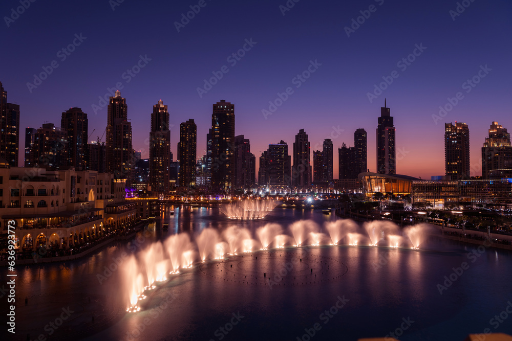 Unique view of Dubai Dancing Fountain show at night. 