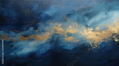 Abstract dark blue and gold painting on canvas background, Generative AI © Onchira