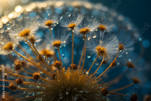 Macro of a dandelion in water drops on a blue background. 