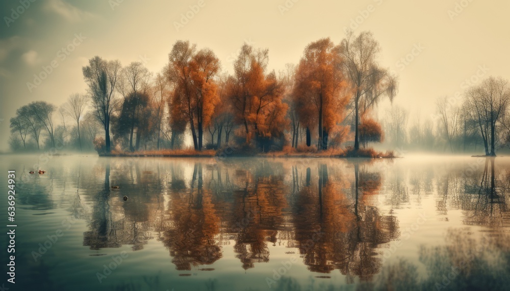 Beautiful autumn landscape with trees reflected in the lake