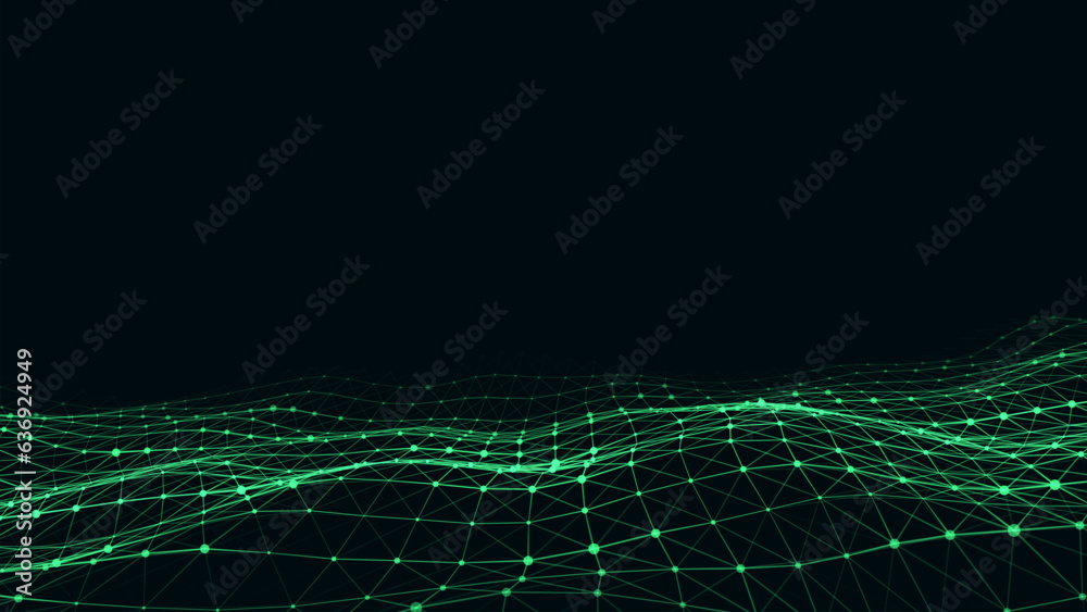 Abstract technology wave of particles. Big data visualization. Vector background with motion dots and lines. Artificial intelligence. Abstract technology wave of particles. Big data visualization. Vector background with motion dots and lines. Artificial intelligence.