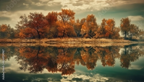 Beautiful autumn landscape with trees reflected in the lake