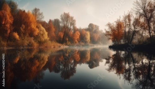 Beautiful autumn landscape with trees reflected in the lake