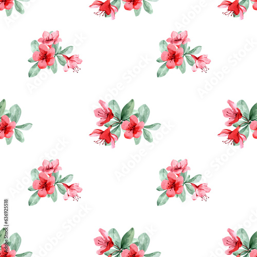 Seamless floral pattern with red flowers with green leaves. Lovely spring flower bouquets on a white background. Hand drawn watercolor illustration for fabric, textile, wallpaper, packaging, texture.