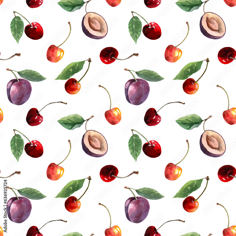 Seamless summer pattern with ripe fruits and berries. Juicy plums, red cherries with green leaves on a white background. Hand drawn watercolor illustration for fabric, textile, wallpaper. Seamless summer pattern with ripe fruits and berries. Juicy plums, red cherries with green leaves on a white background. Hand drawn watercolor illustration for fabric, textile, wallpaper.