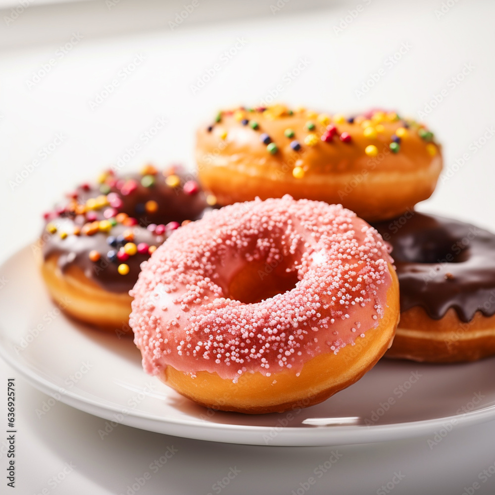Tasty donuts on white plate
