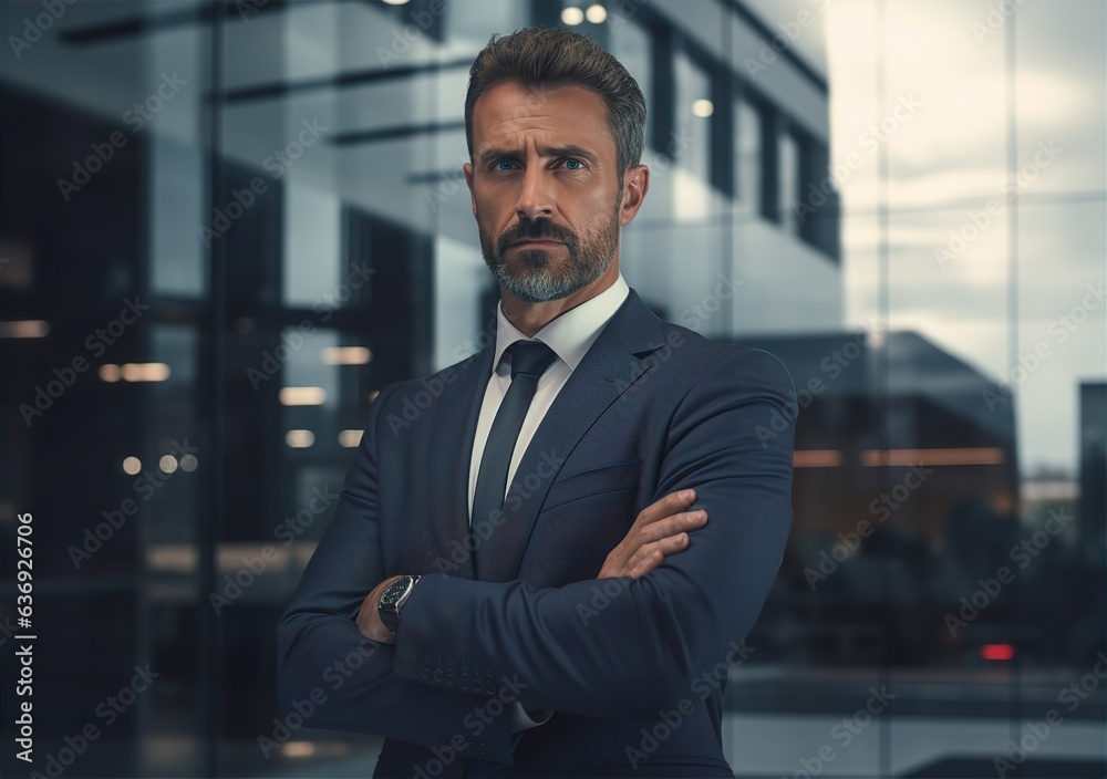 Solid middle-aged businessman stands outside