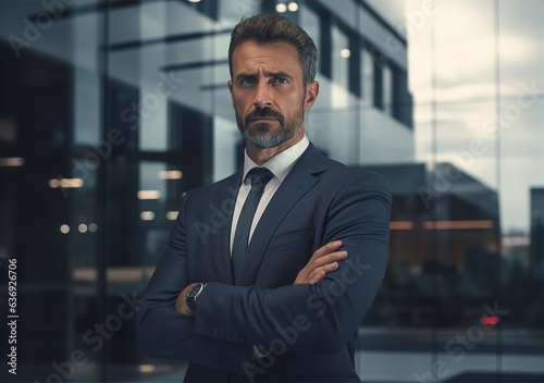 Solid middle-aged businessman stands outside