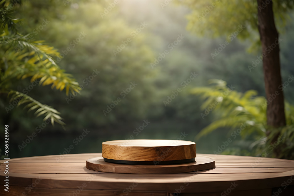 an empty wooden podium on nature background. Mock up stand for product presentation. an empty wooden podium on nature background. Mock up stand for product presentation.