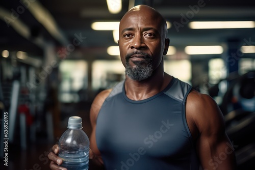 Photorealistic image of a serious African American man in the gym with a bottle of water.