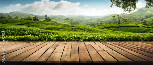 Empty rustic old wooden boards table copy space with tea gardens or plantation in background. Product display template. Generative AI