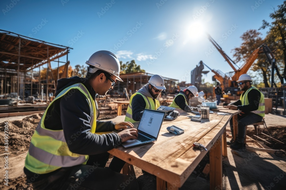 Smart teem of engineers working on a laptop on a construction site
