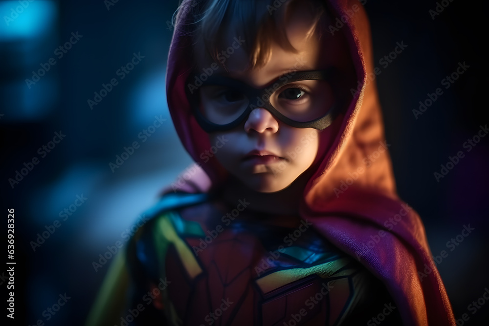 A cute kid dressed as a superhero with a colorful costume and a determined expression, ready to save the day Generative AI A cute kid dressed as a superhero with a colorful costume and a determined expression, ready to save the day Generative AI