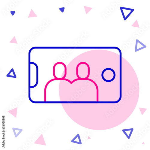 Line Selfie on mobile phone icon isolated on white background. Romantic self portrait, young friends taking selfie photo at smartphone. Colorful outline concept. Vector