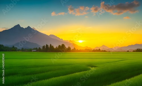 green rice field landscape and sunset. 