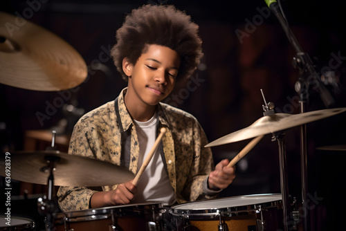 A teenage boy of African American background passionately playing the drums in a band, unleashing his musical talent and rhythm. Generative AI