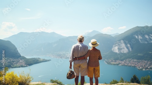 Senior couple, moutains and lake view background