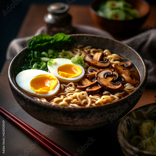 A hot piping savory ramen bowl on dark wooden table