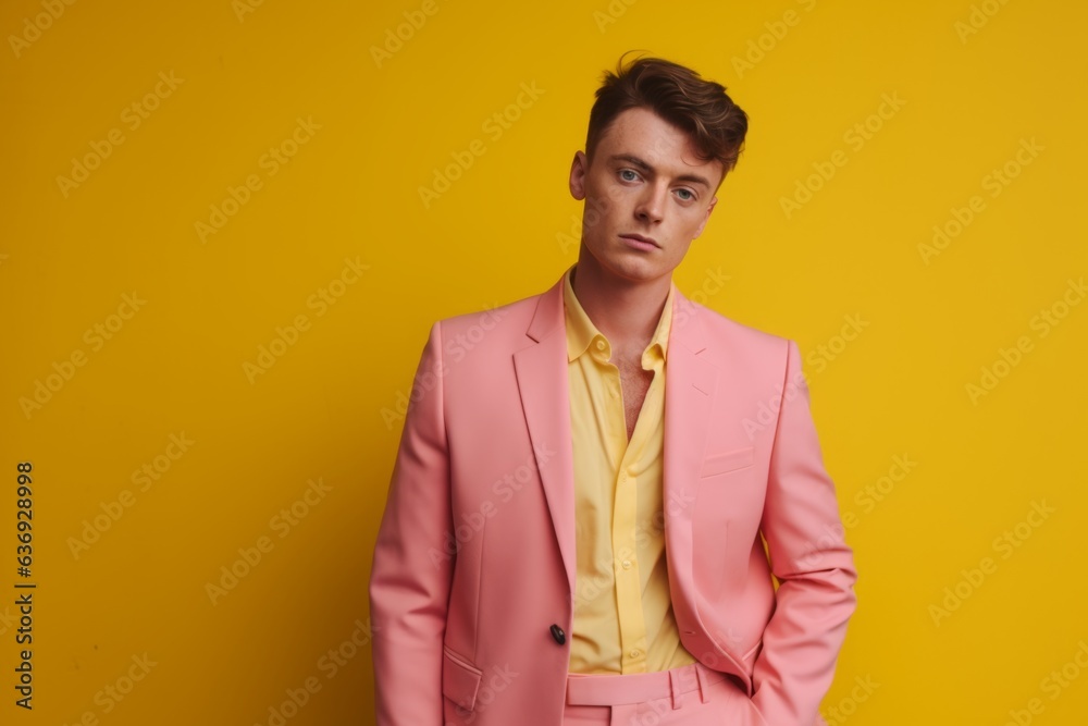 Confident handsome Caucasian stylish rich man professional guy male model in trendy pink suit successful businessman CEO isolated against yellow wall background backdrop style fashion business success Confident handsome Caucasian stylish rich man professional guy male model in trendy pink suit successful businessman CEO isolated against yellow wall background backdrop style fashion business success
