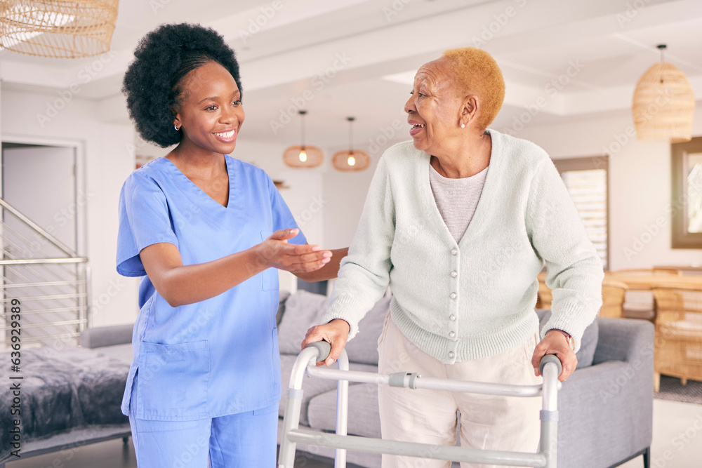 Fototapeta premium Doctor, elderly woman and walking frame for support, healthcare service and nursing or caregiver helping. Medical physiotherapy, happy nurse and senior african patient with disability in living room