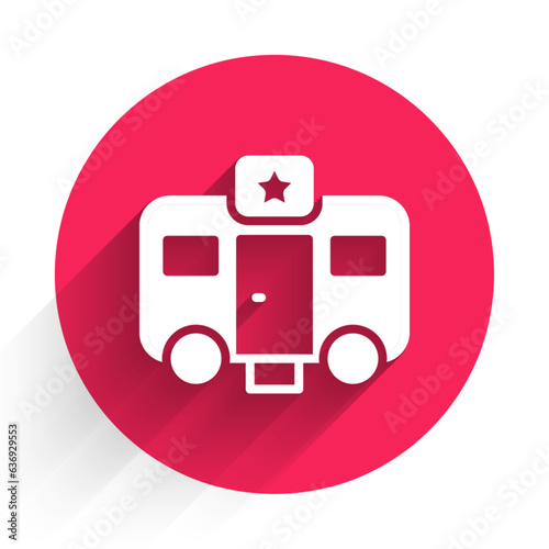 White Machine trailer dressing room for actors icon isolated with long shadow. Movie crew rest room. Star sleeping place. Film vehicle. Red circle button. Vector photo