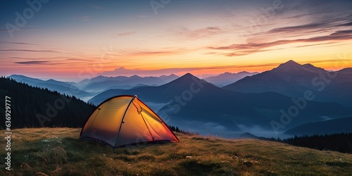 Mountain bliss. Camping under summer sky. Nature retreat. Tenting amidst majestic peaks. Sunrise serenade. Morning in wilderness