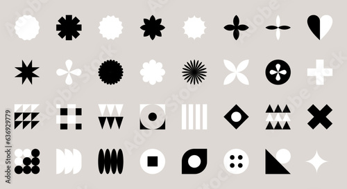 Set of creative abstract geometric shapes. Design elements in style of brutalism, Swiss minimalism, Bauhaus. Simple black and white decorative objects for web. Isolated vector shapes
