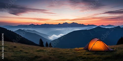 Mountain bliss. Camping under summer sky. Nature retreat. Tenting amidst majestic peaks. Sunrise serenade. Morning in wilderness