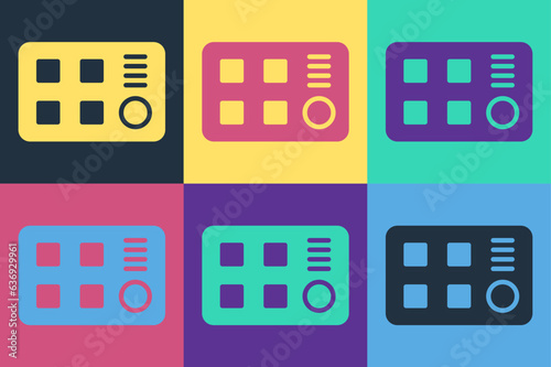 Pop art Drum machine icon isolated on color background. Musical equipment. Vector