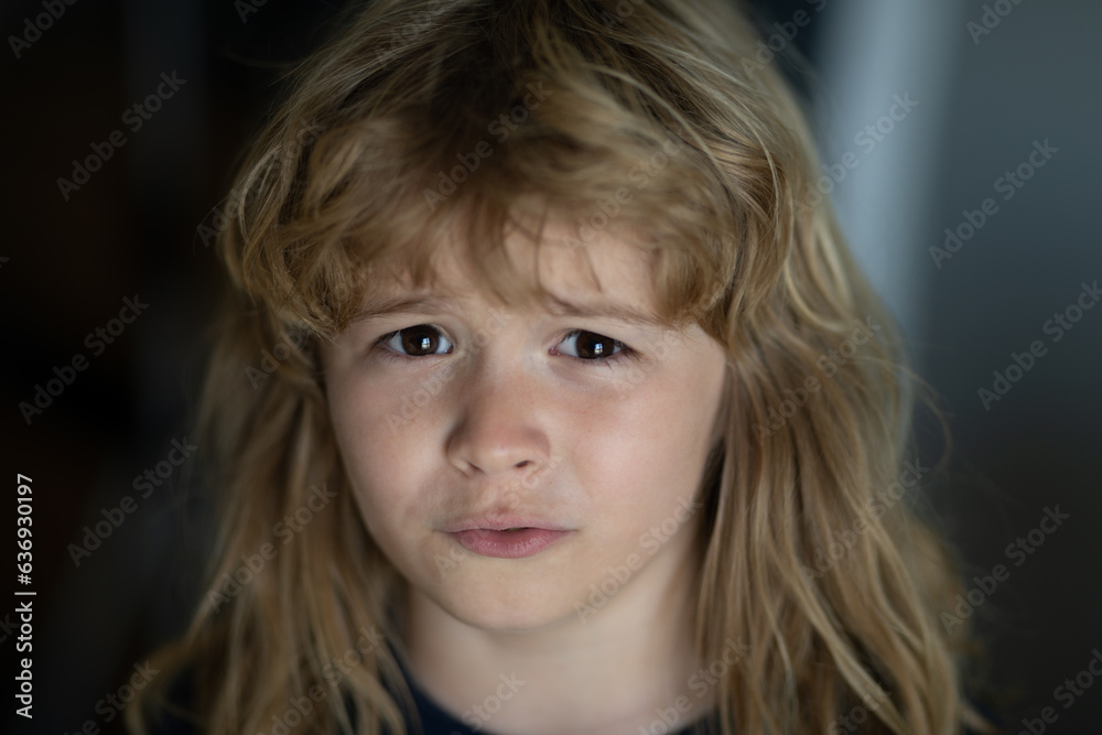 Close-up face of cute child. Portrait of kid boy at home. Close up face of happy child alone. Close-up face of cute child. Portrait of kid boy at home. Close up face of happy child alone.
