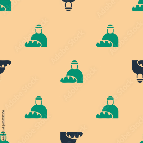 Green and black Feeding the homeless icon isolated seamless pattern on beige background. Help and support. Giving food to the hungry concept. Vector
