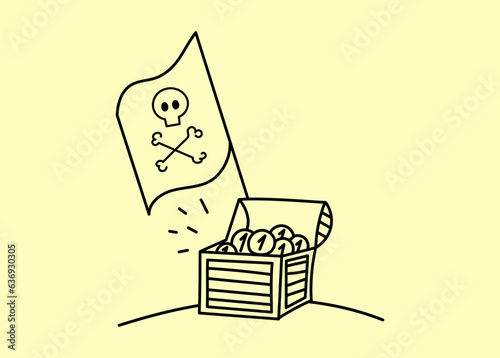 Pirate treasure - a chest with coins and a flag with a jolly roger. Vector doodle drawing.