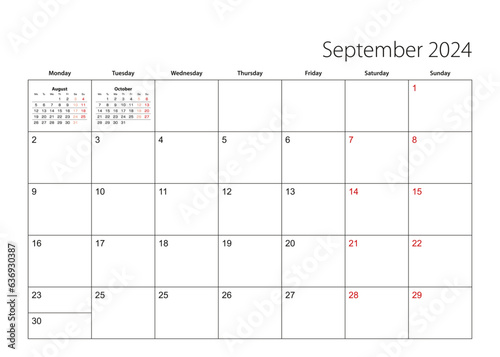 September 2024 simple calendar planner, week starts from Monday.